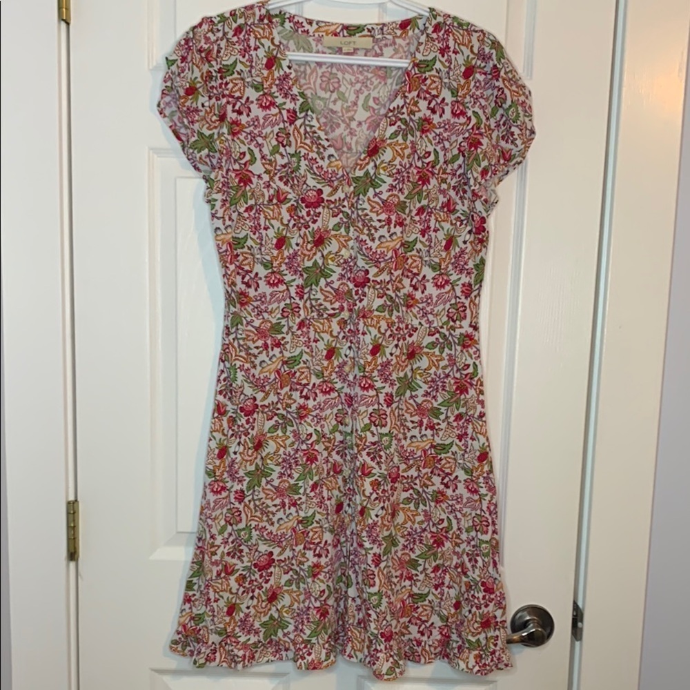 LOFT Jungle Ruffle Pocket Dress Pink Red Floral Flutter Sleeve Sundress Size 6